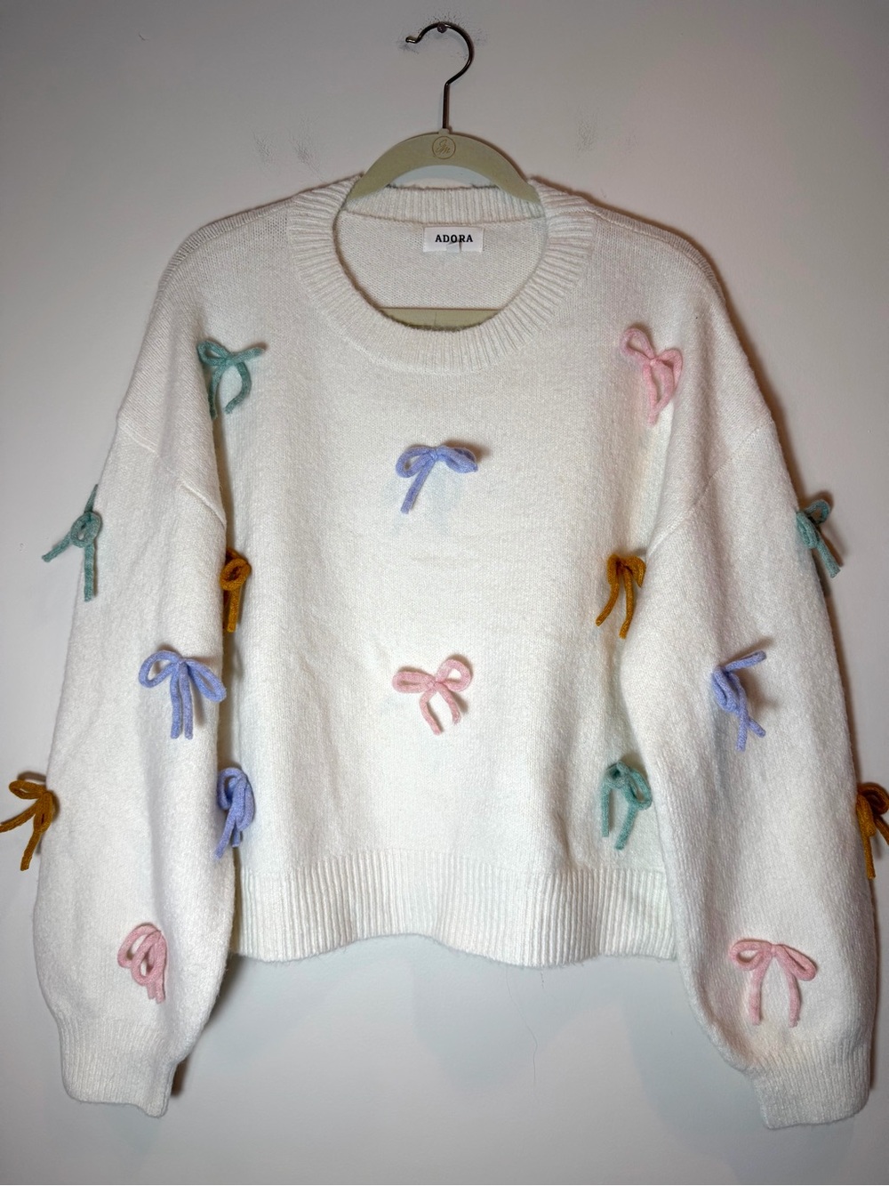 ADORA Whimsical Pastel 3D Bow Knit Crewneck Sweater Cream